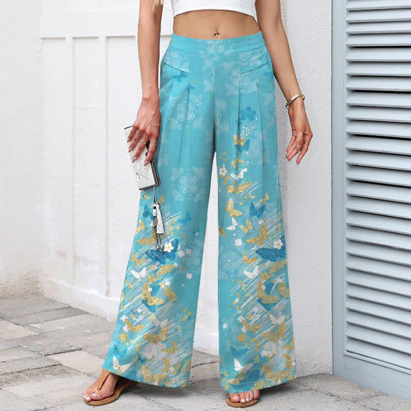 Buddha Stones Pantalon large en coton et lin à motif floral bohème et papillons dorés, taille élastique et poches, pour femme - image 1