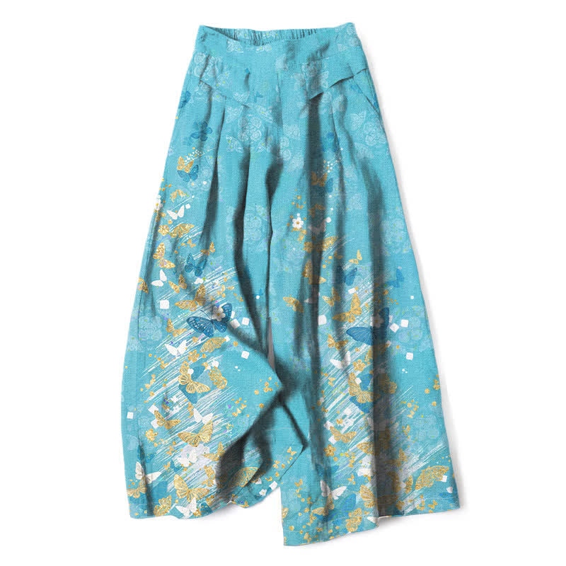 Buddha Stones Pantalon large en coton et lin à motif floral bohème et papillons dorés, taille élastique et poches, pour femme - Bleu ciel profond - US16，UK/AU20，EU48 (3XL) - image 0