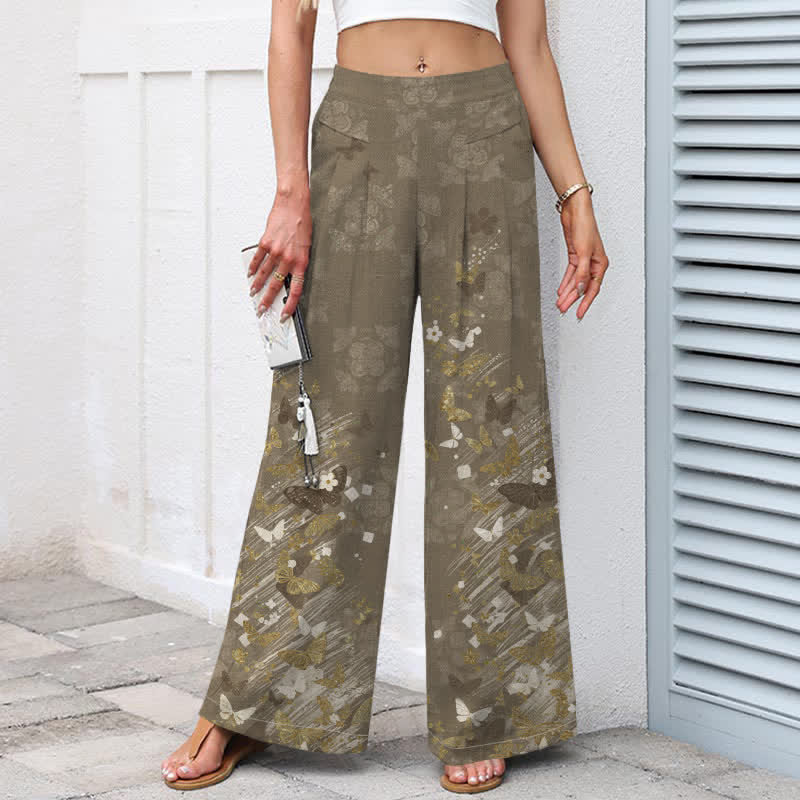 Buddha Stones Pantalon large en coton et lin à motif floral bohème et papillons dorés, taille élastique et poches, pour femme - image 5