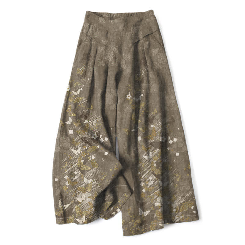 Buddha Stones Pantalon large en coton et lin à motif floral bohème et papillons dorés, taille élastique et poches, pour femme - Olive - US16，UK/AU20，EU48 (3XL) - image 4