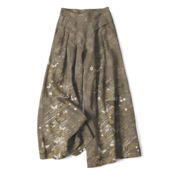 Buddha Stones Pantalon large en coton et lin à motif floral bohème et papillons dorés, taille élastique et poches, pour femme - Olive - US16，UK/AU20，EU48 (3XL) - image 4