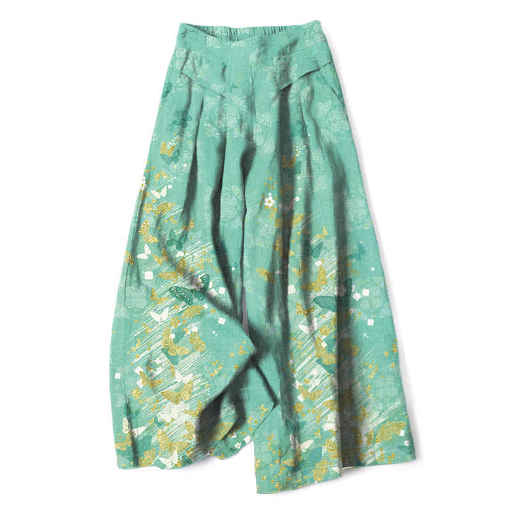 Buddha Stones Pantalon large en coton et lin à motif floral bohème et papillons dorés, taille élastique et poches, pour femme - Aigue-marine moyenne - US16，UK/AU20，EU48 (3XL) - image 6