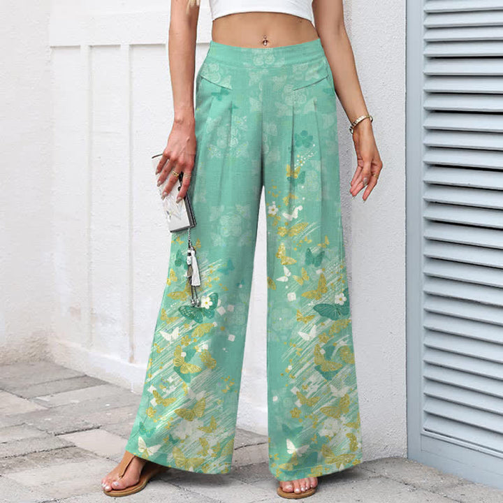 Buddha Stones Pantalon large en coton et lin à motif floral bohème et papillons dorés, taille élastique et poches, pour femme - image 7