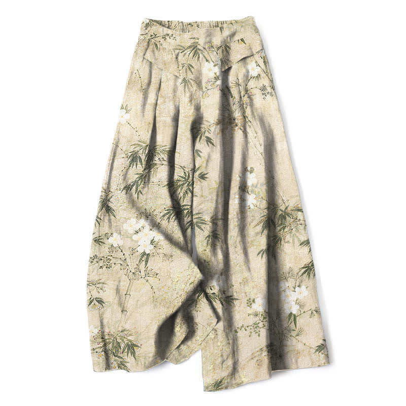 Buddha Stones Pantalon large à taille élastique et poches pour femme, en coton et lin, motif feuilles de bambou - Beige - US16，UK/AU20，EU48 (3XL) - image 0