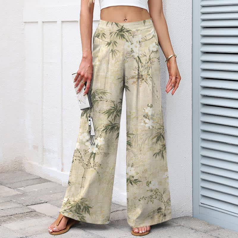 Buddha Stones Pantalon large à taille élastique et poches pour femme, en coton et lin, motif feuilles de bambou - image 1