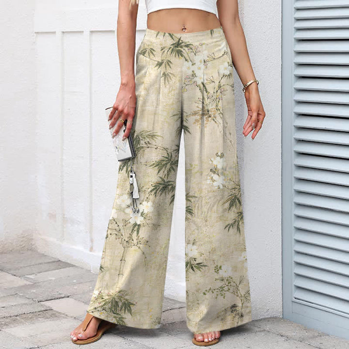 Buddha Stones Pantalon large à taille élastique et poches pour femme, en coton et lin, motif feuilles de bambou - image 1