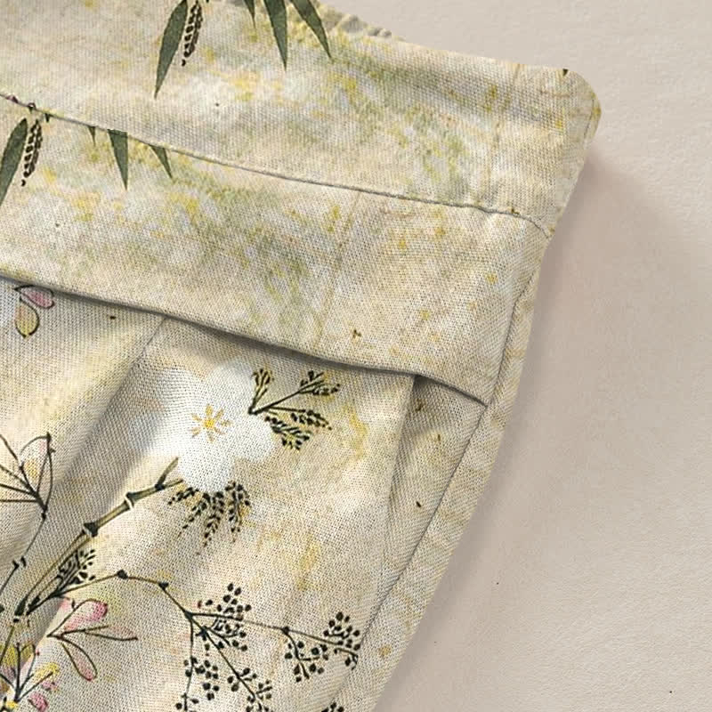 Buddha Stones Pantalon large à taille élastique et poches pour femme, en coton et lin, motif feuilles de bambou - image 2