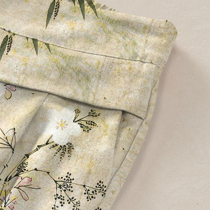 Buddha Stones Pantalon large à taille élastique et poches pour femme, en coton et lin, motif feuilles de bambou - image 2