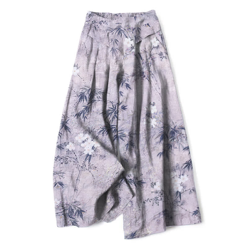 Buddha Stones Pantalon large à taille élastique et poches pour femme, en coton et lin, motif feuilles de bambou - Lavande - US16，UK/AU20，EU48 (3XL) - image 4