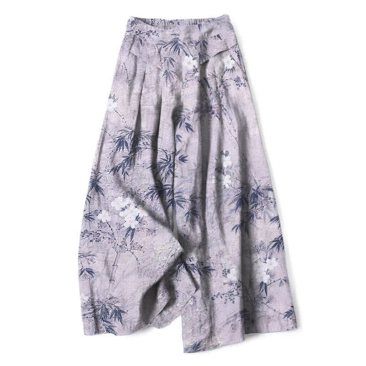 Buddha Stones Pantalon large à taille élastique et poches pour femme, en coton et lin, motif feuilles de bambou - Lavande - US16，UK/AU20，EU48 (3XL) - image 4