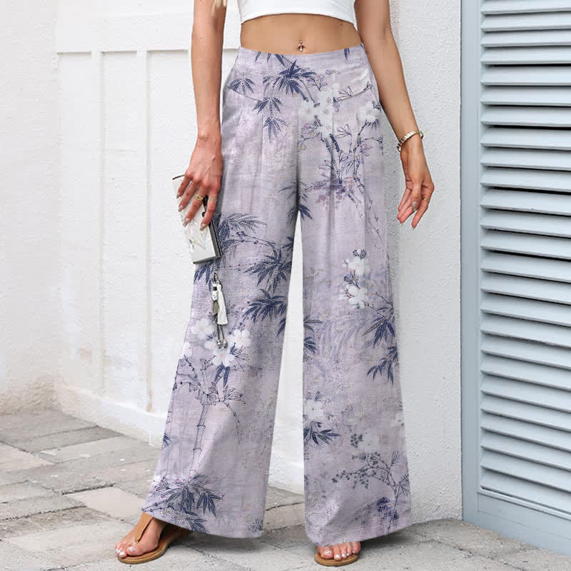 Buddha Stones Pantalon large à taille élastique et poches pour femme, en coton et lin, motif feuilles de bambou - image 5