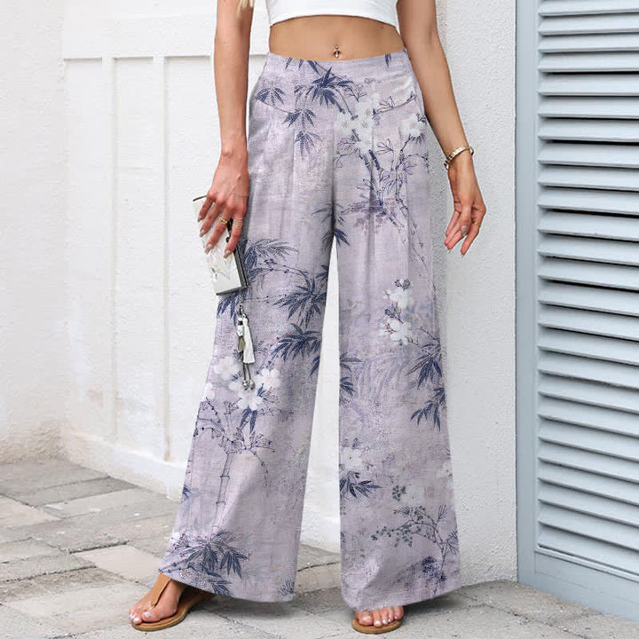 Buddha Stones Pantalon large à taille élastique et poches pour femme, en coton et lin, motif feuilles de bambou - image 5