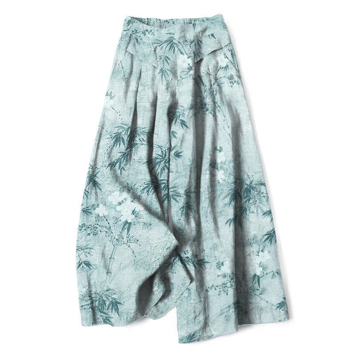 Buddha Stones Pantalon large à taille élastique et poches pour femme, en coton et lin, motif feuilles de bambou - Turquoise pâle - US16，UK/AU20，EU48 (3XL) - image 6