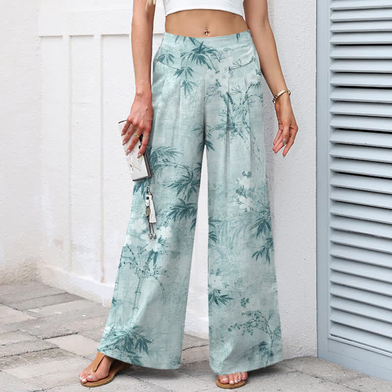 Buddha Stones Pantalon large à taille élastique et poches pour femme, en coton et lin, motif feuilles de bambou - image 7
