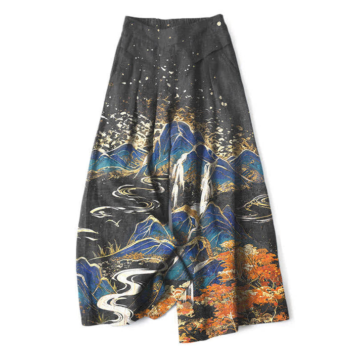 Buddha Stones Pantalon large à taille élastique et poches pour femme, en coton et lin, motif paysage oriental - Noir - US16，UK/AU20，EU48 (3XL) - image 0