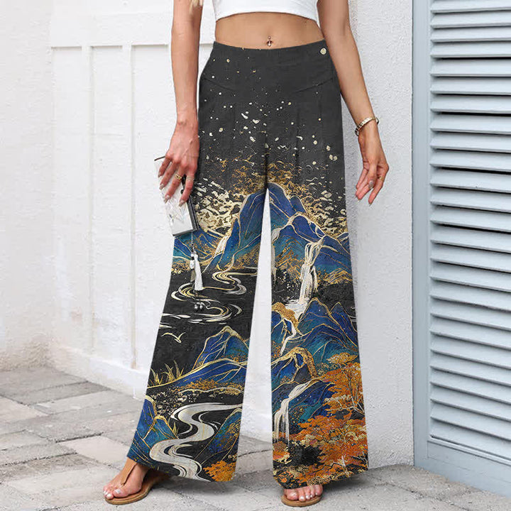 Buddha Stones Pantalon large à taille élastique et poches pour femme, en coton et lin, motif paysage oriental - image 1