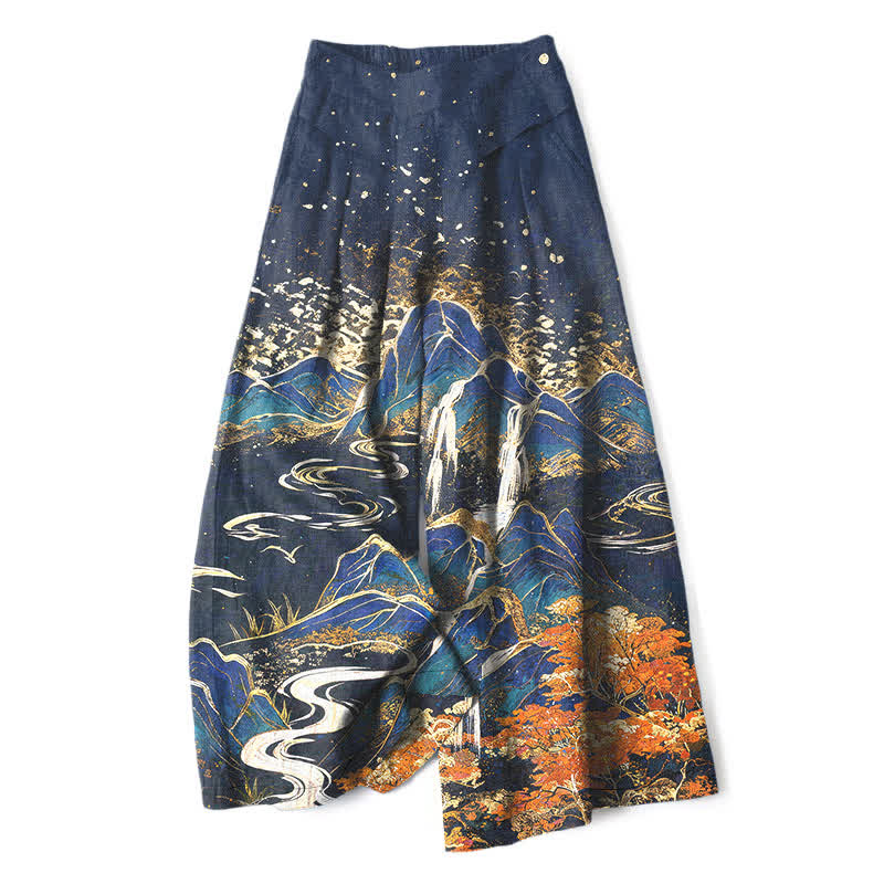 Buddha Stones Pantalon large à taille élastique et poches pour femme, en coton et lin, motif paysage oriental - Marine - US16，UK/AU20，EU48 (3XL) - image 4