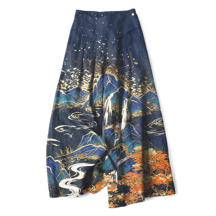 Buddha Stones Pantalon large à taille élastique et poches pour femme, en coton et lin, motif paysage oriental - Marine - US16，UK/AU20，EU48 (3XL) - image 4