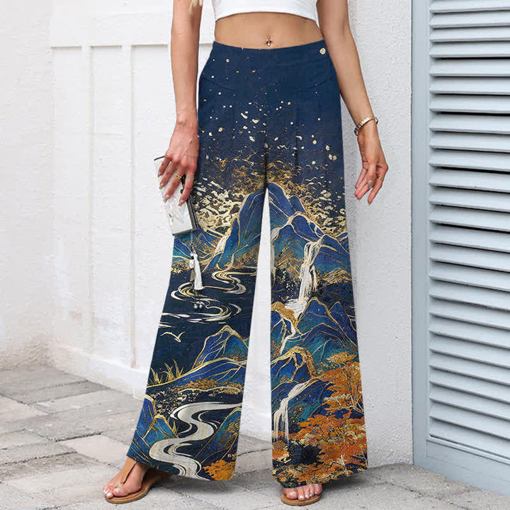 Buddha Stones Pantalon large à taille élastique et poches pour femme, en coton et lin, motif paysage oriental - image 5