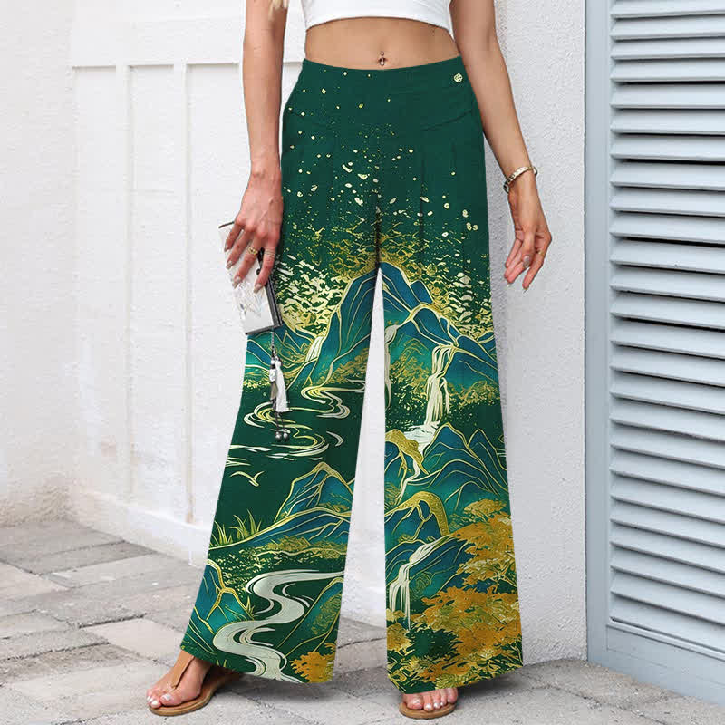 Buddha Stones Pantalon large à taille élastique et poches pour femme, en coton et lin, motif paysage oriental - image 7