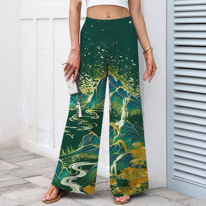 Buddha Stones Pantalon large à taille élastique et poches pour femme, en coton et lin, motif paysage oriental - image 7