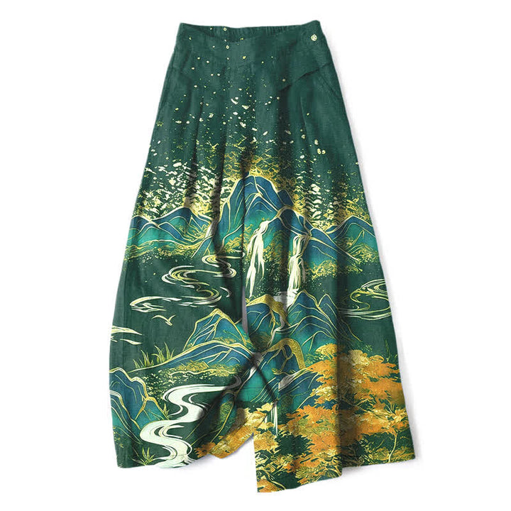 Buddha Stones Pantalon large à taille élastique et poches pour femme, en coton et lin, motif paysage oriental - Vert forêt - US16，UK/AU20，EU48 (3XL) - image 6