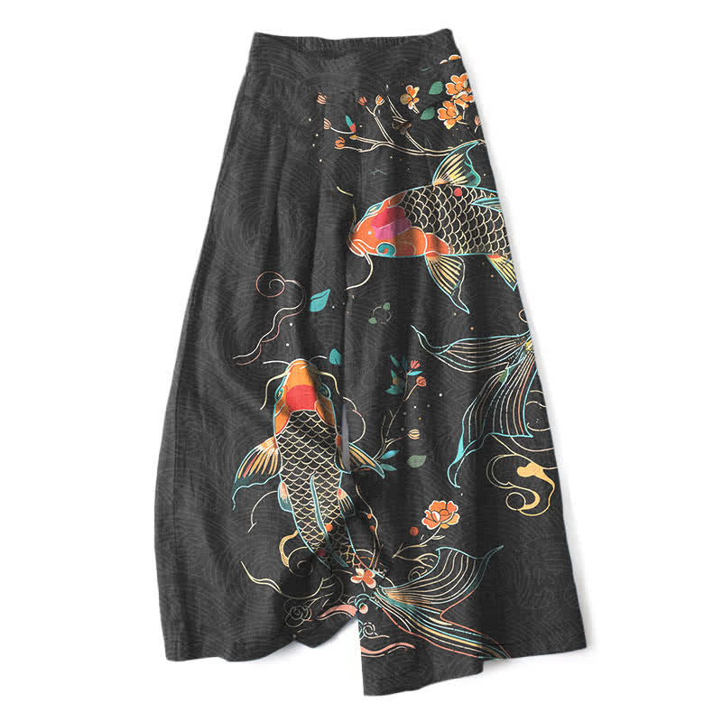 Buddha Stones Pantalon large en coton et lin à motif floral et carpes koï pour femme, avec poches et taille élastique - Noir - US16，UK/AU20，EU48 (3XL) - image 0