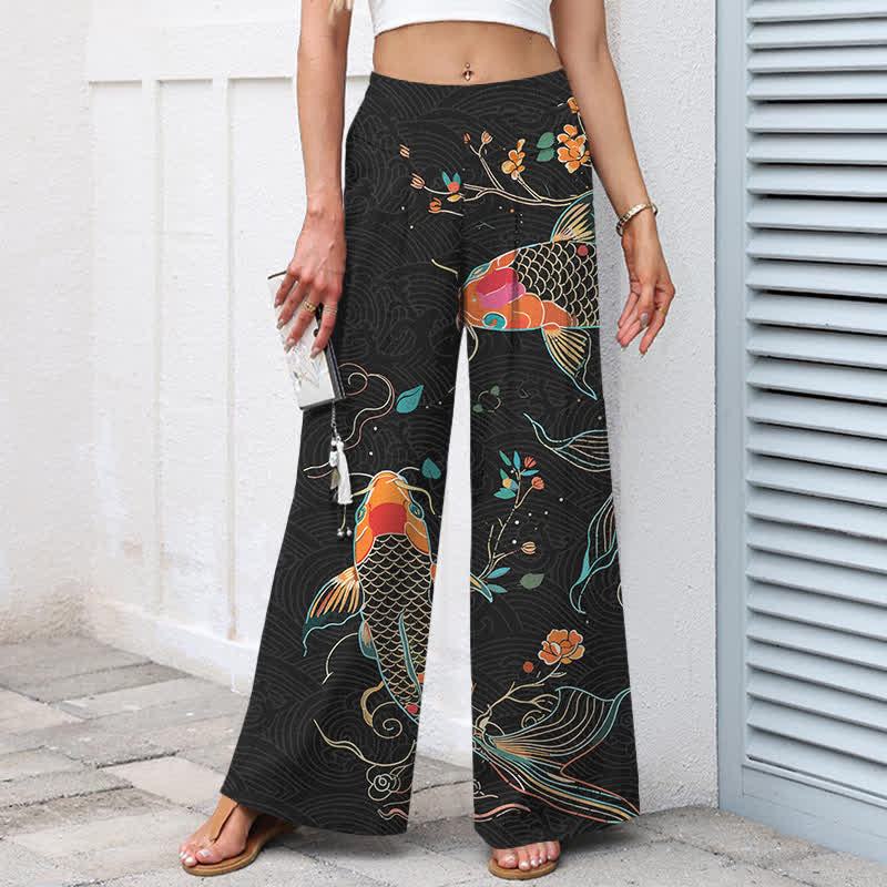 Buddha Stones Pantalon large en coton et lin à motif floral et carpes koï pour femme, avec poches et taille élastique - image 1