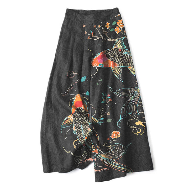 Buddha Stones Pantalon large en coton et lin à motif floral et carpes koï pour femme, avec poches et taille élastique - Noir - US16，UK/AU20，EU48 (3XL) - image 0