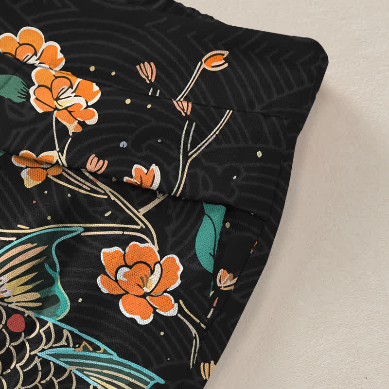 Buddha Stones Pantalon large en coton et lin à motif floral et carpes koï pour femme, avec poches et taille élastique - image 2