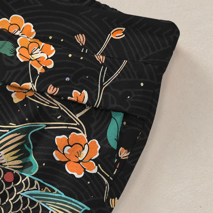 Buddha Stones Pantalon large en coton et lin à motif floral et carpes koï pour femme, avec poches et taille élastique - image 2