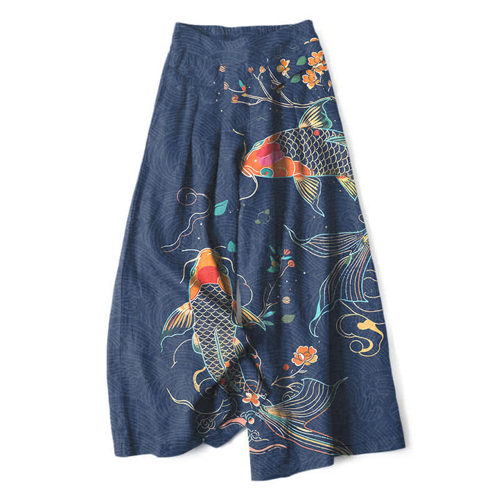 Buddha Stones Pantalon large en coton et lin à motif floral et carpes koï pour femme, avec poches et taille élastique - Marine - US16，UK/AU20，EU48 (3XL) - image 4
