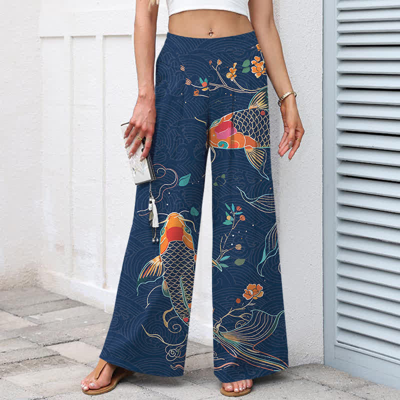 Buddha Stones Pantalon large en coton et lin à motif floral et carpes koï pour femme, avec poches et taille élastique - image 5
