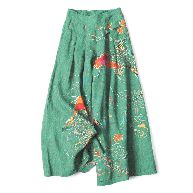 Buddha Stones Pantalon large en coton et lin à motif floral et carpes koï pour femme, avec poches et taille élastique - Vert mer moyen - US16，UK/AU20，EU48 (3XL) - image 6
