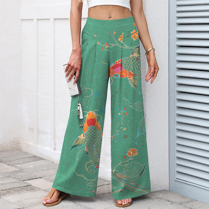 Buddha Stones Pantalon large en coton et lin à motif floral et carpes koï pour femme, avec poches et taille élastique - image 7