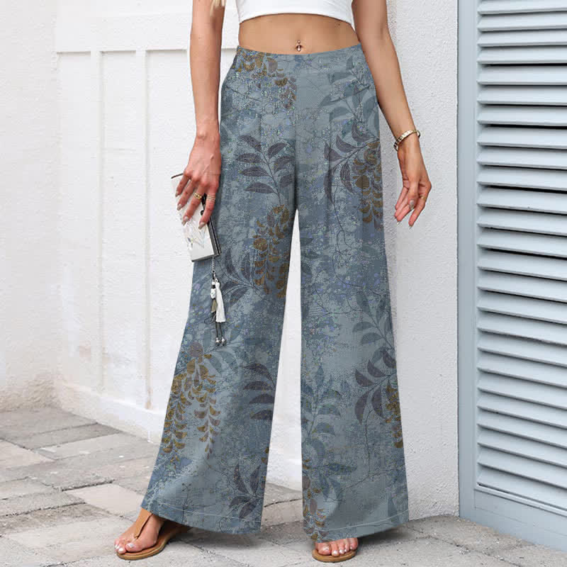 Buddha Stones Pantalon large à taille élastique et poches pour femme, en coton et lin, motif feuilles vintage - image 1
