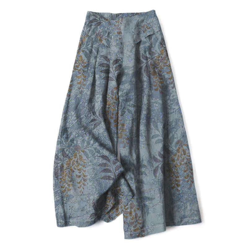 Buddha Stones Pantalon large à taille élastique et poches pour femme, en coton et lin, motif feuilles vintage - Gris ardoise clair - US16，UK/AU20，EU48 (3XL) - image 0