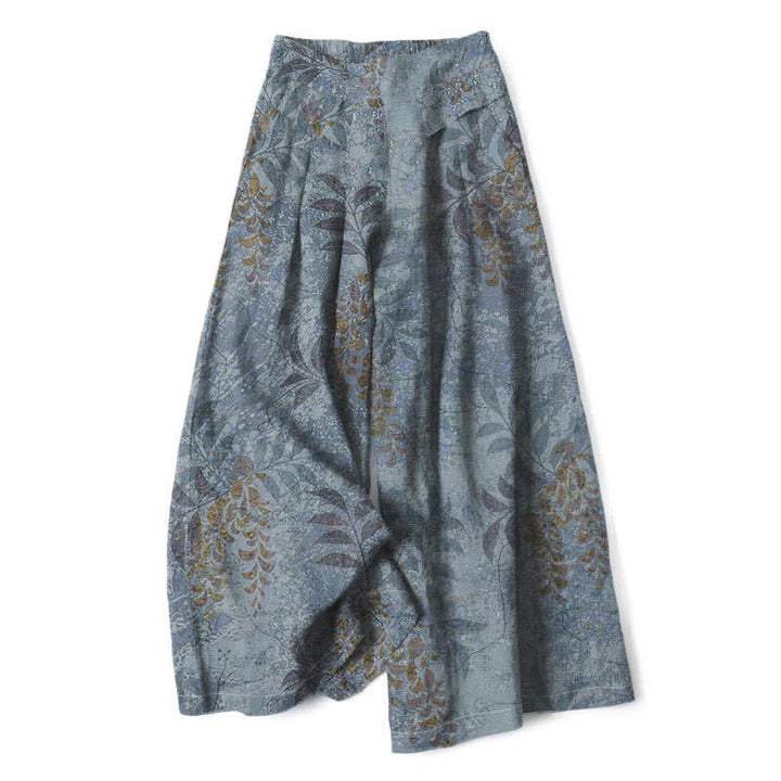 Buddha Stones Pantalon large à taille élastique et poches pour femme, en coton et lin, motif feuilles vintage - Gris ardoise clair - US16，UK/AU20，EU48 (3XL) - image 0