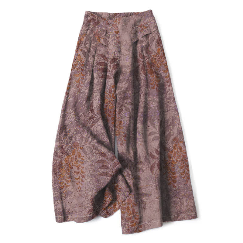 Buddha Stones Pantalon large à taille élastique et poches pour femme, en coton et lin, motif feuilles vintage - RosyBrown - US16，UK/AU20，EU48 (3XL) - image 4