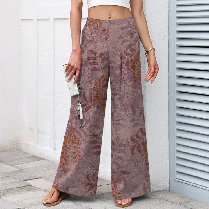 Buddha Stones Pantalon large à taille élastique et poches pour femme, en coton et lin, motif feuilles vintage - image 5