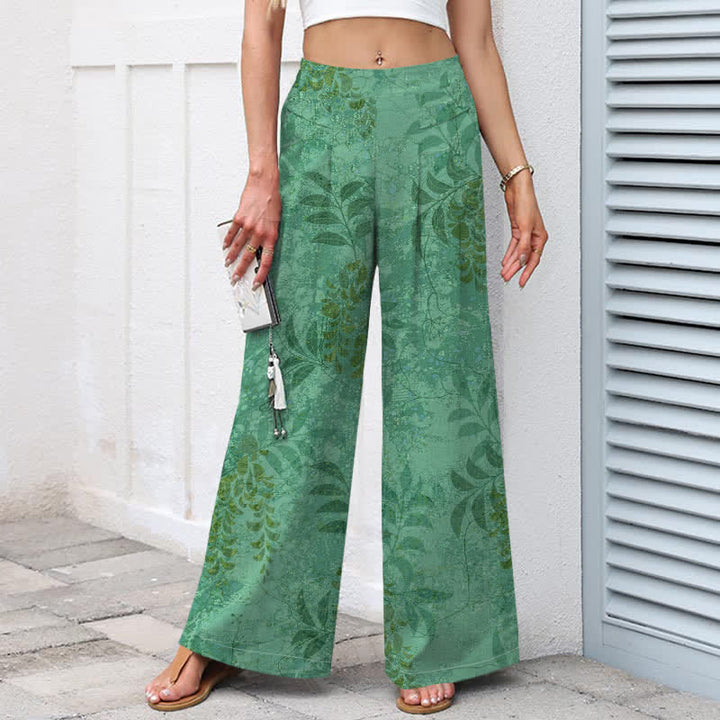 Buddha Stones Pantalon large à taille élastique et poches pour femme, en coton et lin, motif feuilles vintage - image 7