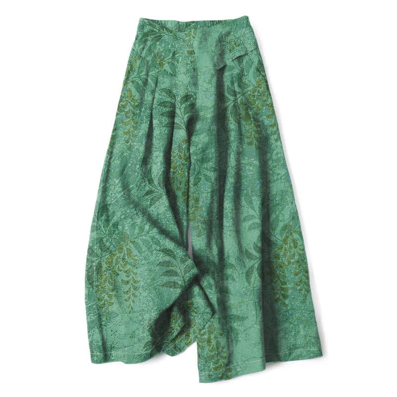 Buddha Stones Pantalon large à taille élastique et poches pour femme, en coton et lin, motif feuilles vintage - Vert mer moyen - US16，UK/AU20，EU48 (3XL) - image 6