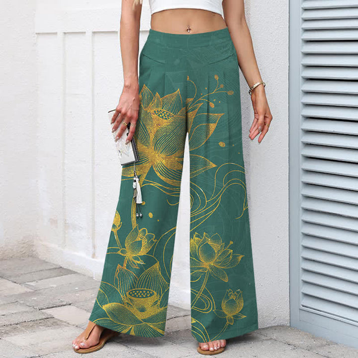 Buddha Stones Pantalon large pour femme en coton et lin, motif lotus doré, taille élastique et poches - image 1