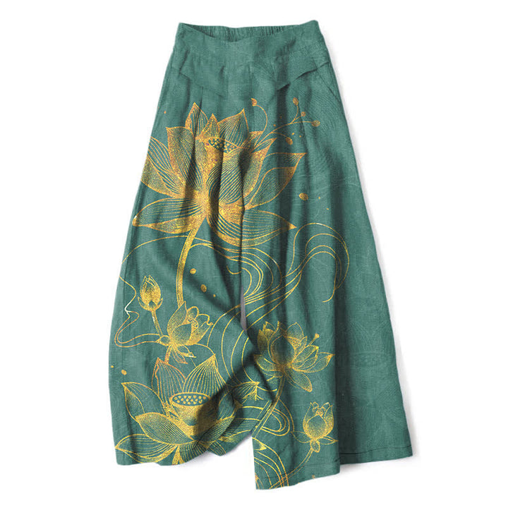 Buddha Stones Pantalon large pour femme en coton et lin, motif lotus doré, taille élastique et poches - Vert d'eau - US16，UK/AU20，EU48 (3XL) - image 0