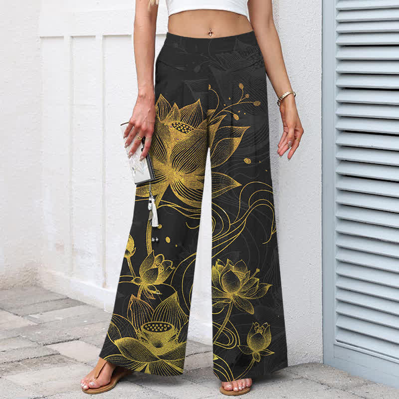 Buddha Stones Pantalon large pour femme en coton et lin, motif lotus doré, taille élastique et poches - image 5