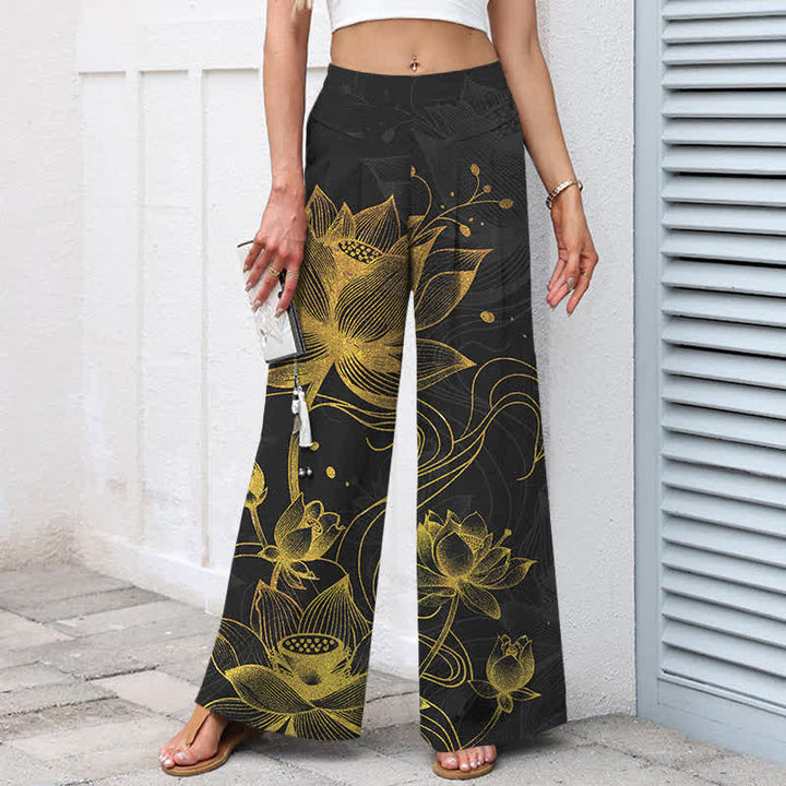 Buddha Stones Pantalon large pour femme en coton et lin, motif lotus doré, taille élastique et poches - image 5