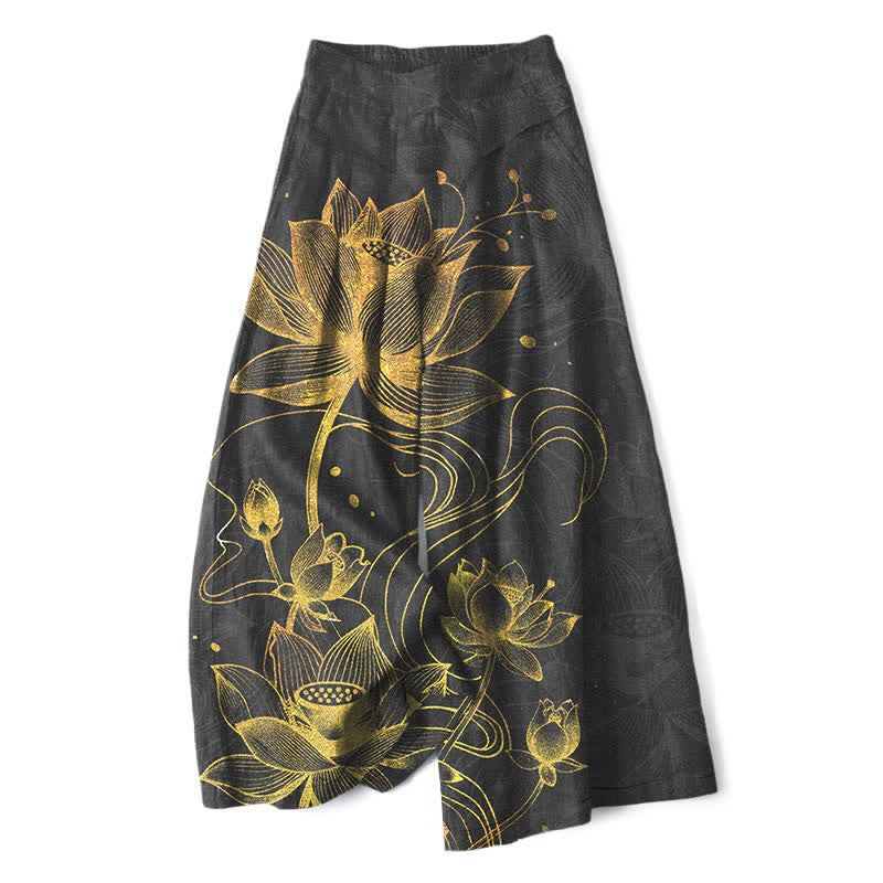 Buddha Stones Pantalon large pour femme en coton et lin, motif lotus doré, taille élastique et poches - Noir - US16，UK/AU20，EU48 (3XL) - image 4