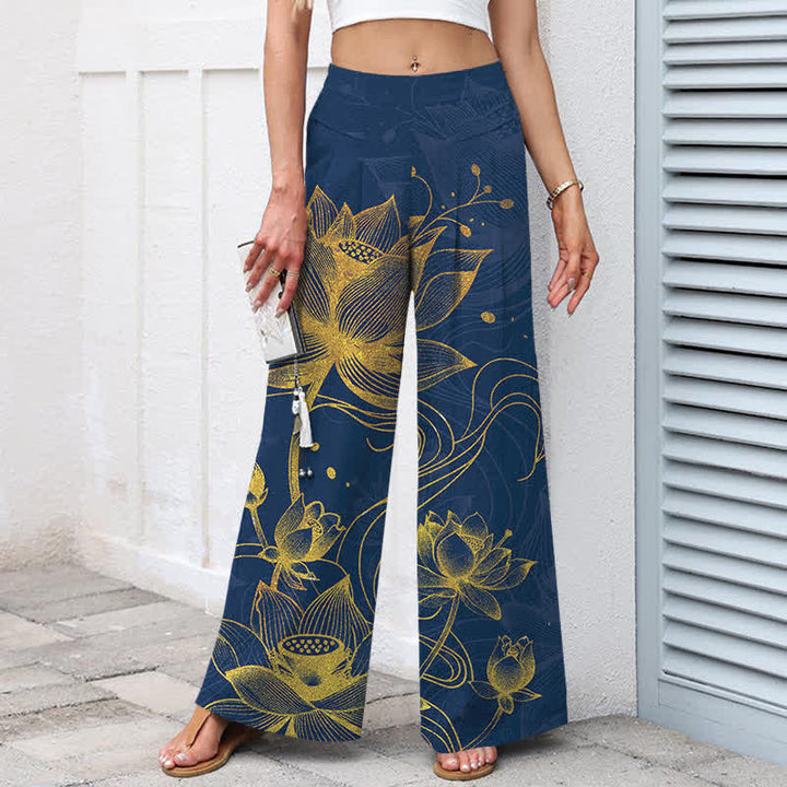 Buddha Stones Pantalon large pour femme en coton et lin, motif lotus doré, taille élastique et poches - image 7