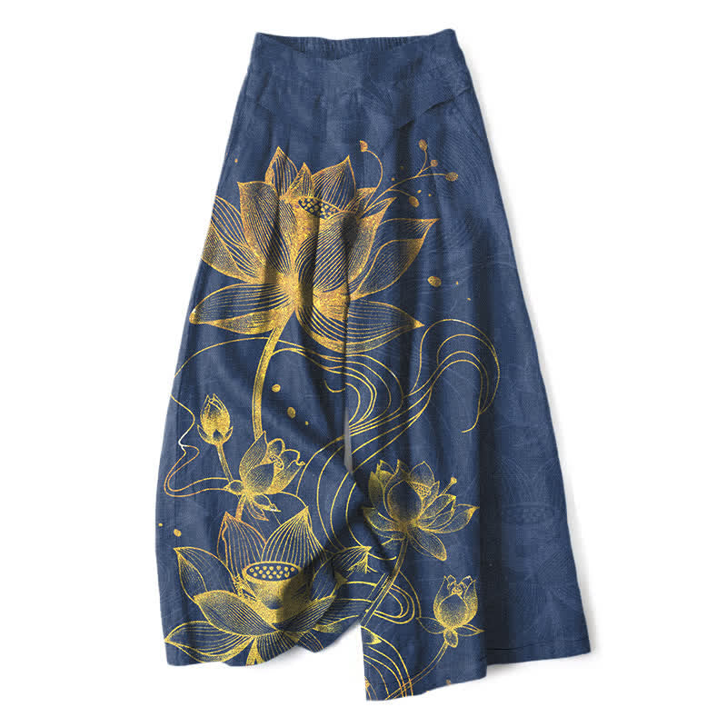 Buddha Stones Pantalon large pour femme en coton et lin, motif lotus doré, taille élastique et poches - Marine - US16，UK/AU20，EU48 (3XL) - image 6