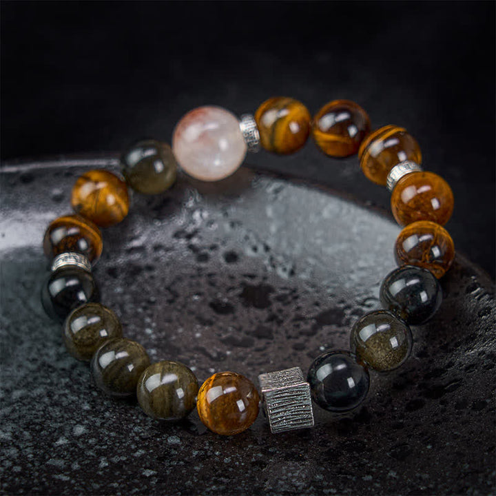 Buddha Stones Bracelet de protection en perles de quartz et obsidienne œil de tigre à reflets dorés. - image 2